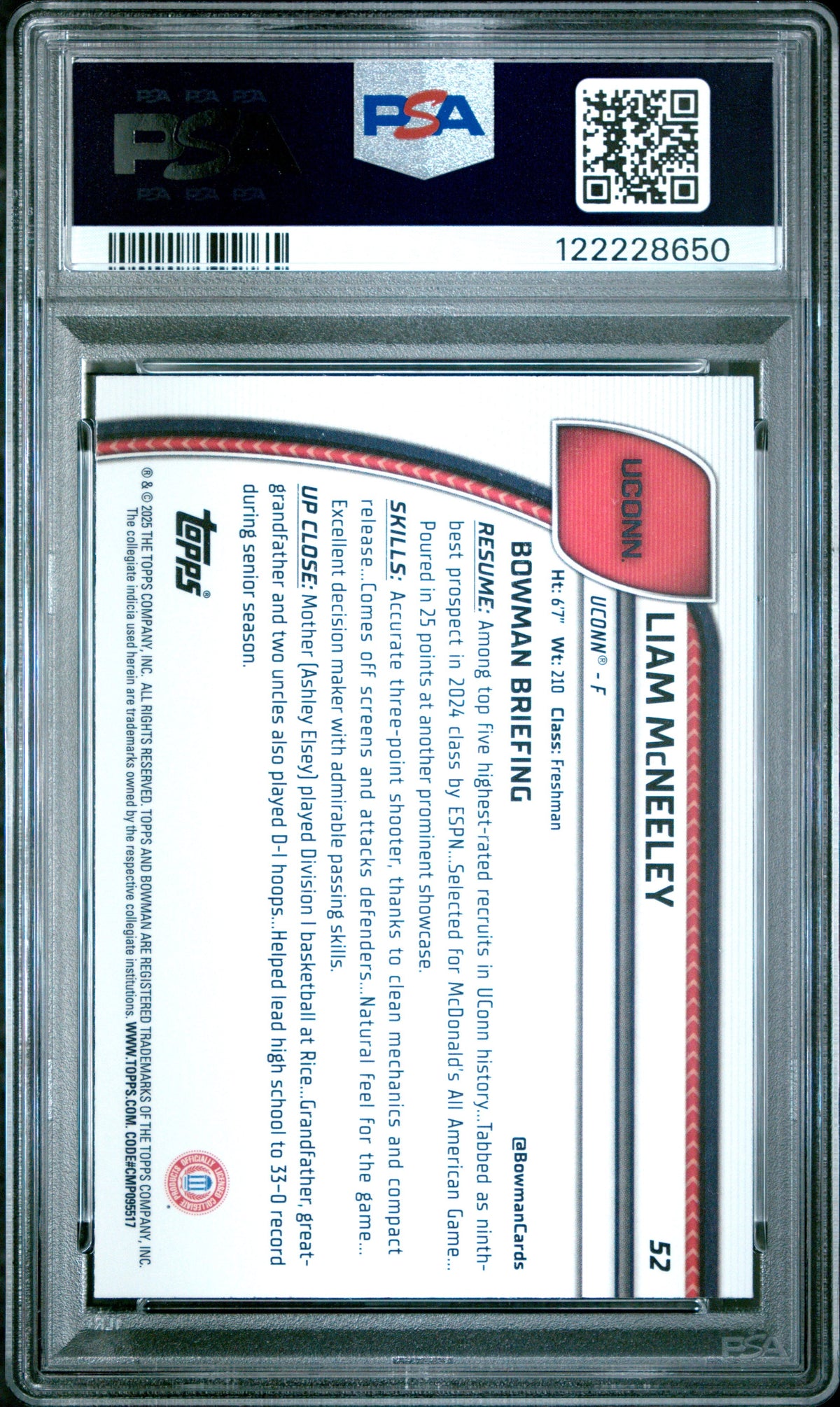 Graded 2024 Topps Bowman Chrome U Liam McNeeley #52 Rookie RC Basketball Card PSA 10 Gem Mint