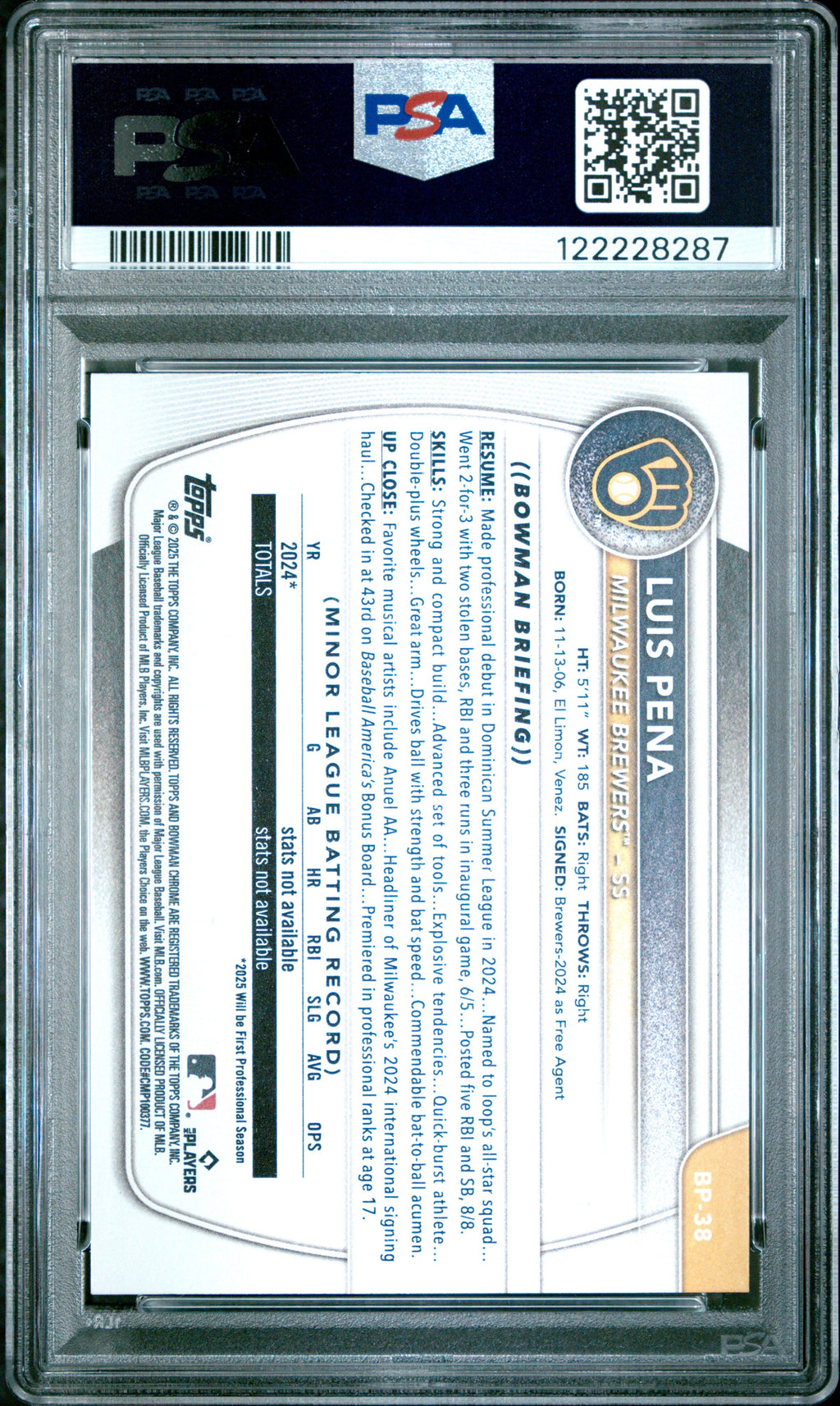 Graded 2025 Topps Bowman Luis Pena #BP38 Paper Prospects Rookie RC Baseball Card PSA 8 Near Mint