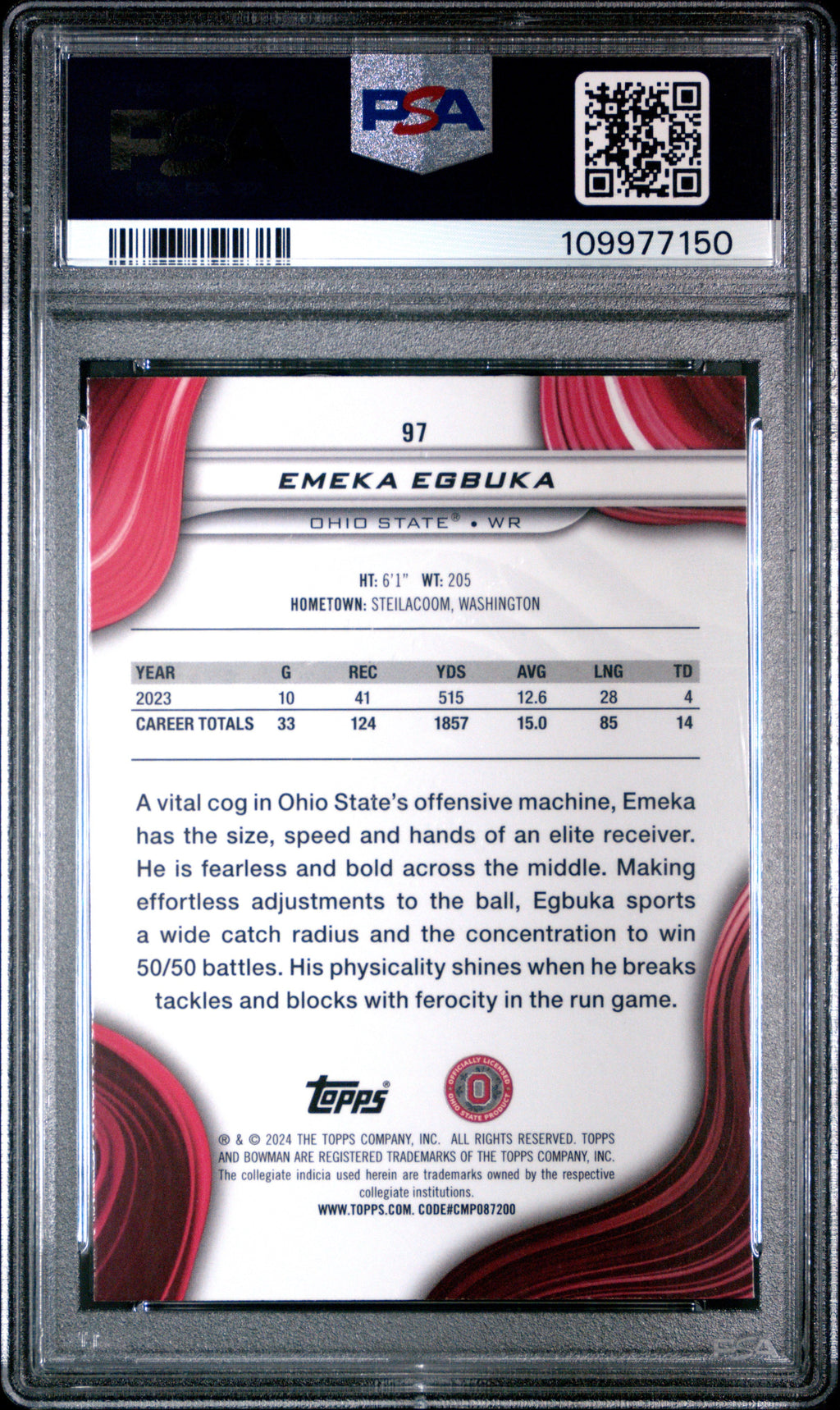 Graded 2024 Topps Bowman Best University Emeka Egbuka #97 Rookie RC Football Card PSA 9 Mint