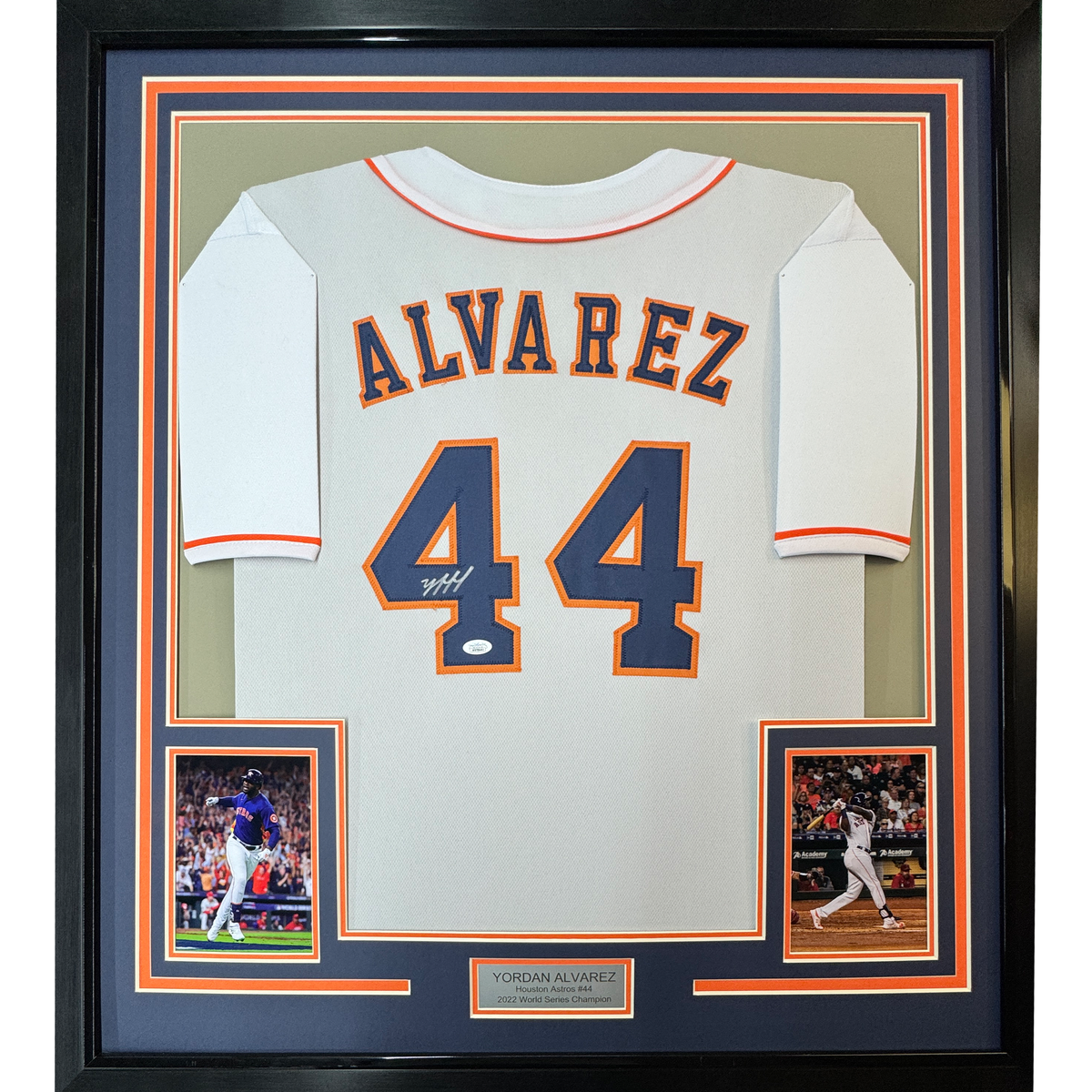 Framed Autographed/Signed Yordan Alvarez 35x39 Houston White Baseball Jersey JSA COA