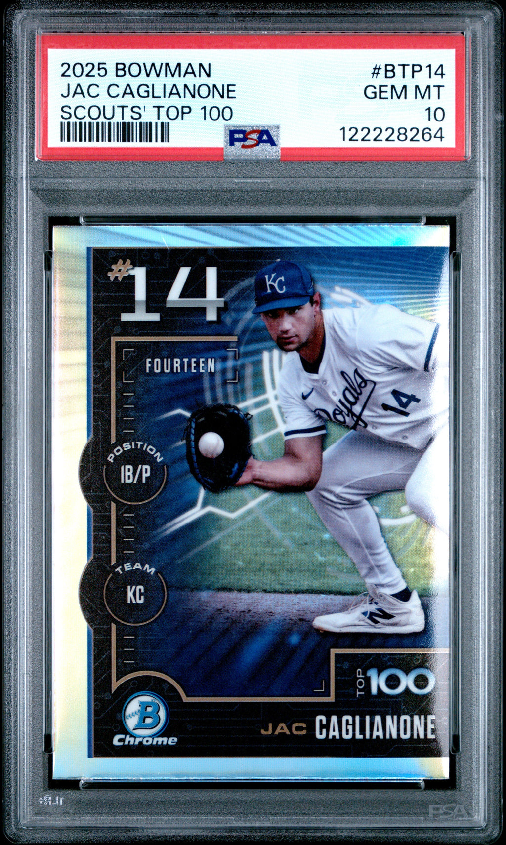 Graded 2025 Topps Bowman Jac Caglianone #BTP14 Scouts Top 100 Rookie RC Baseball Card PSA 10 Gem Mint
