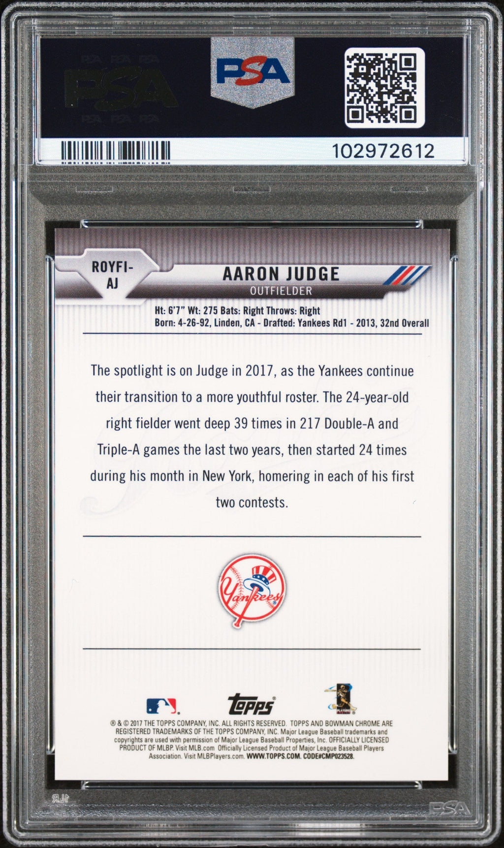 Graded 2017 Topps Bowman Mega Box Aaron Judge #AJ Chrome ROY Favorites Rookie RC Baseball Card PSA 10 Gem Mint