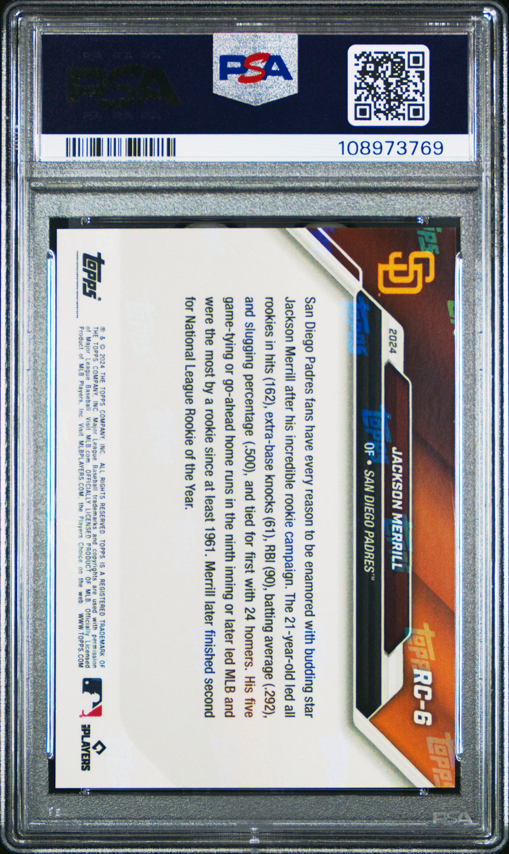 Graded 2024 Topps Now Jackson Merrill #RC6 Rookie Cup Team Set Black /99 Rookie RC Baseball Card PSA 10 Gem Mint