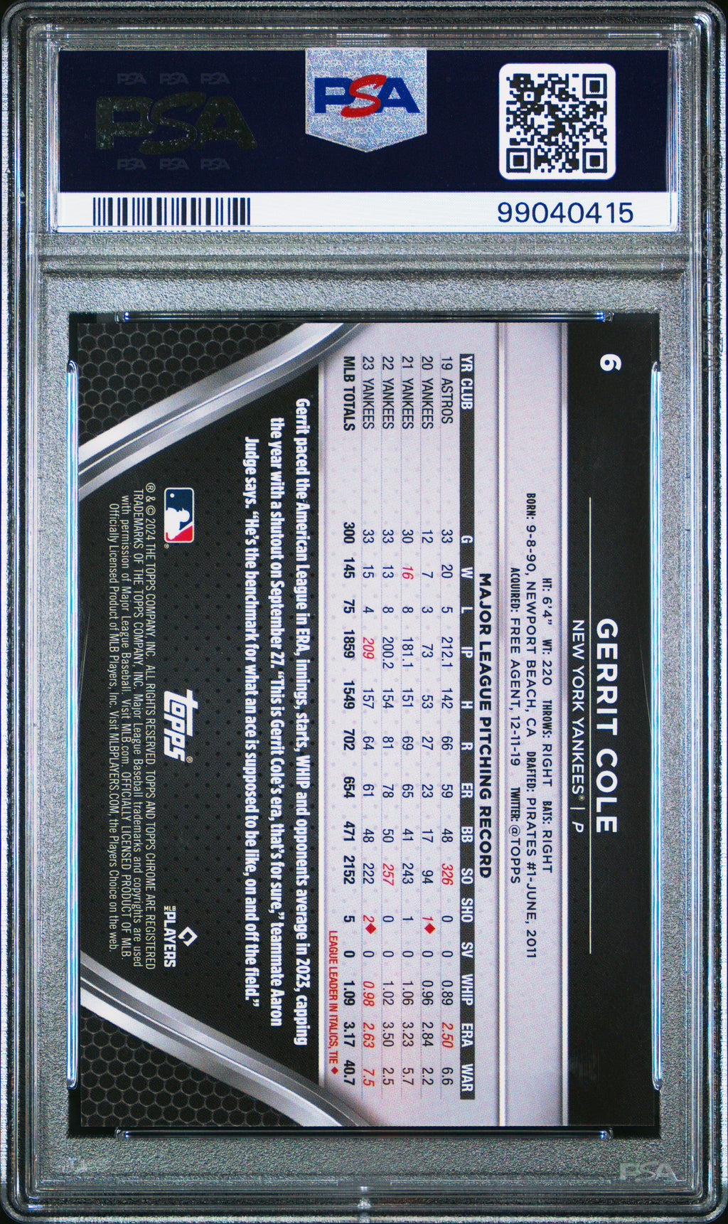 Graded 2024 Topps Chrome Black Gerrit Cole #6 Blue Refractor #/75 Baseball Card PSA 10 Gem Mint