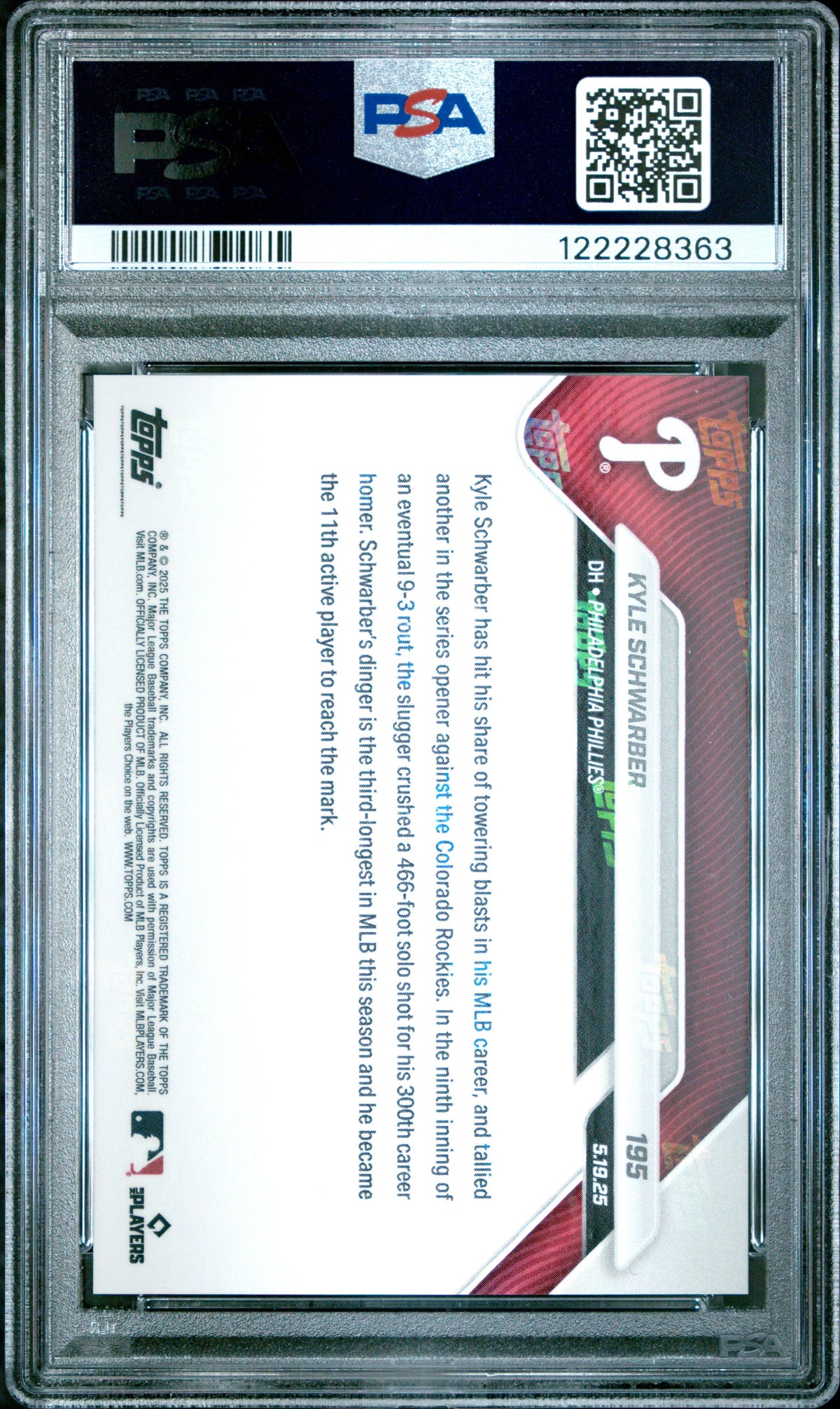 Graded 2025 Topps Now Kyle Schwarber #195 Baseball Card PSA 10 Gem Mint