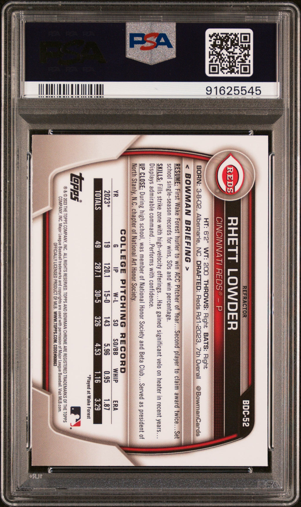 Graded 2023 Topps Bowman Draft Rhett Lowder #BDC52 Chrome Refractor Rookie RC Baseball Card PSA 10 Gem Mint