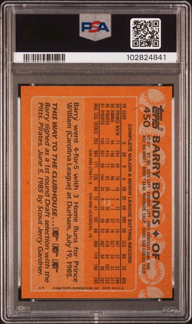 Graded 1988 Topps Barry Bonds #450 2nd Year Baseball Card PSA 9 Mint