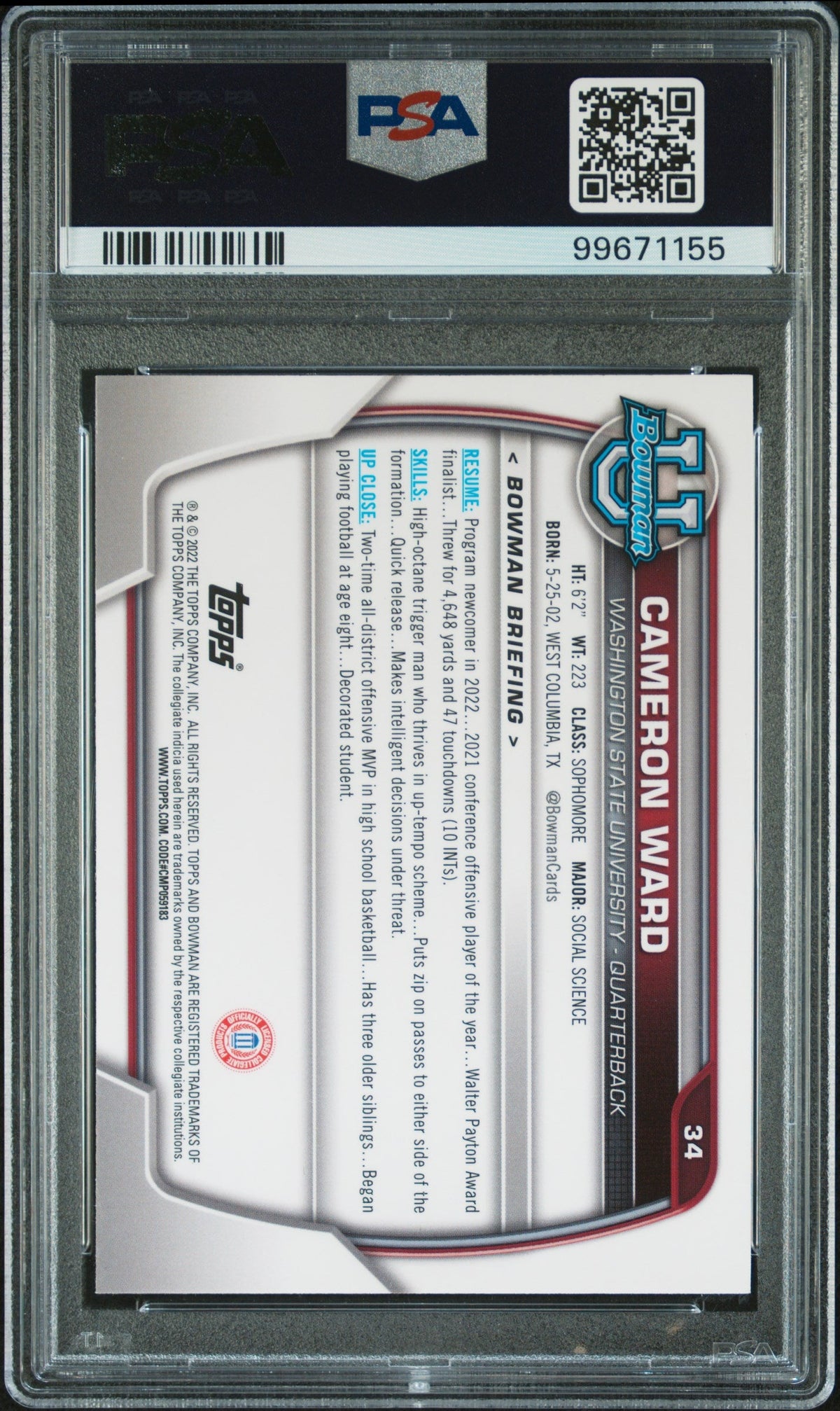 Graded 2022 Topps Bowman University Cam Ward #34 Chrome Prospects Rookie RC Football Card PSA 10 Gem Mint