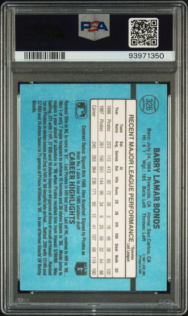 Graded 1988 Donruss Barry Bonds #326 2nd Year Baseball Card PSA 10 Gem Mint
