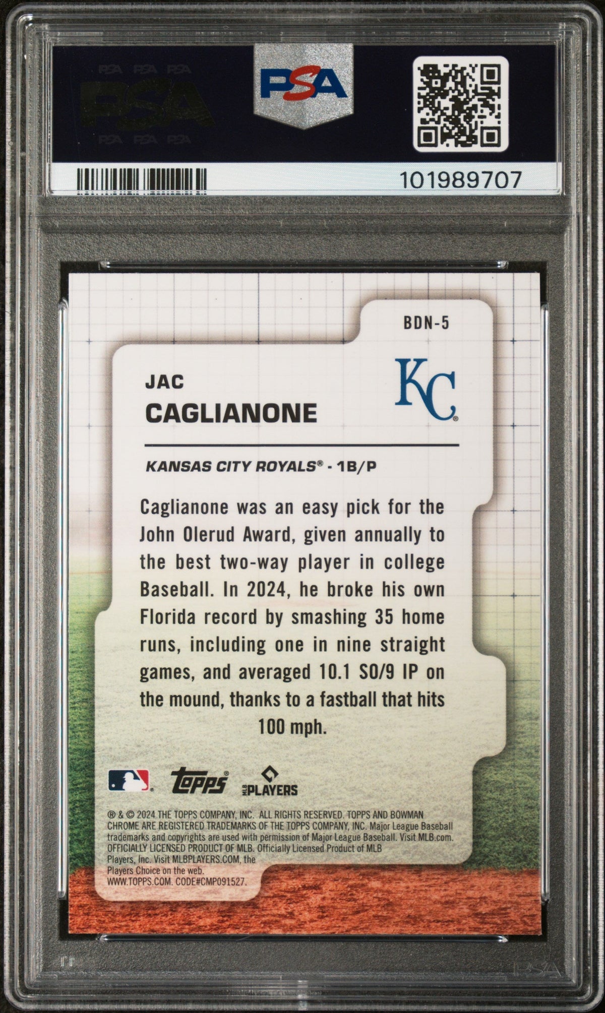 Graded 2024 Topps Bowman Draft Jac Caglianone #BDN5 Draft Night Rookie RC Baseball Card PSA 10 Gem Mint