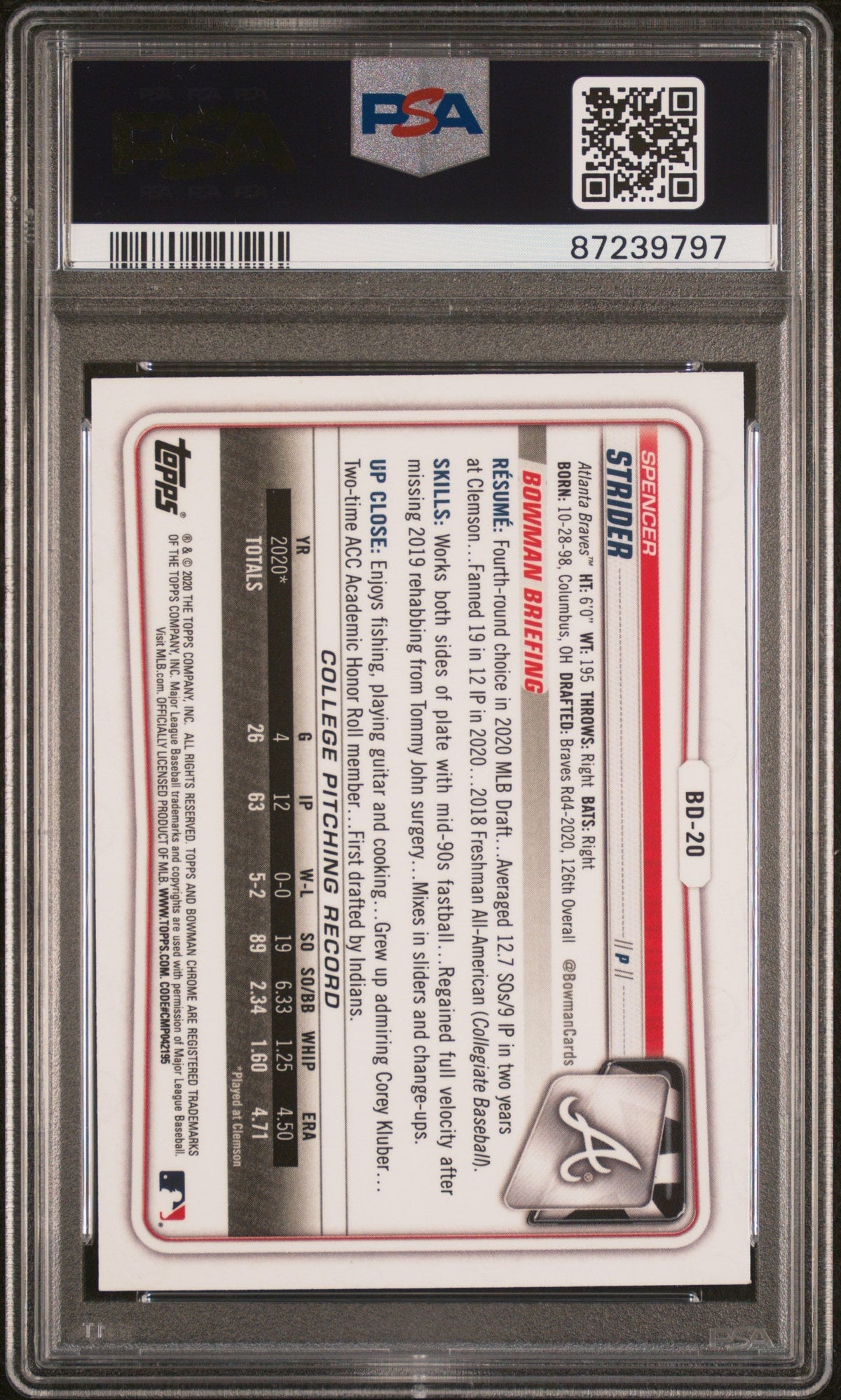 Graded 2020 Topps Bowman Draft Spencer Strider #BD20 Chrome Rookie RC Baseball Card PSA 10 Gem Mint