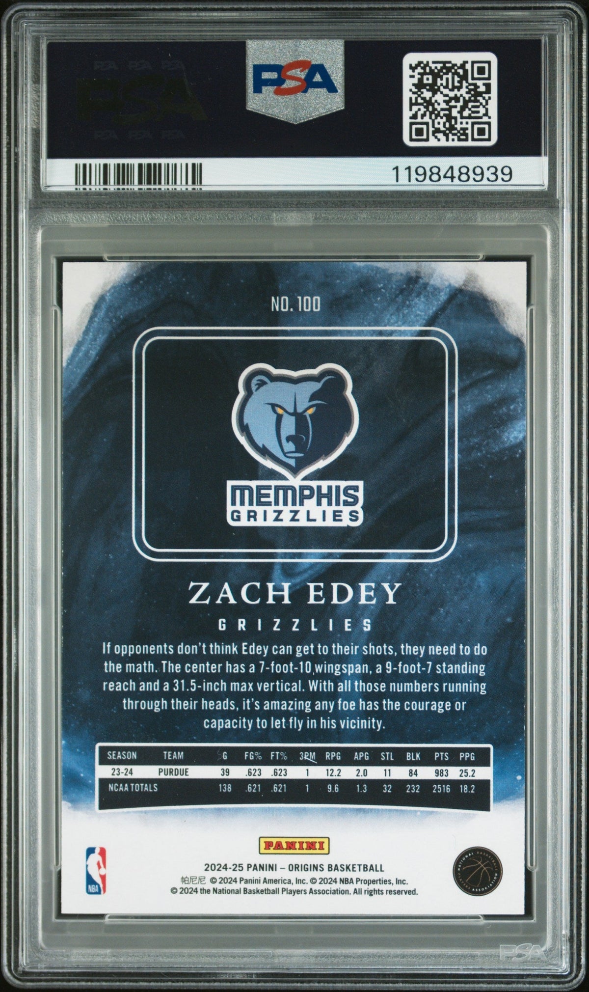 Graded 2024 Panini Origins Zach Edey #100 Rookie RC Basketball Card PSA 10 Gem Mint
