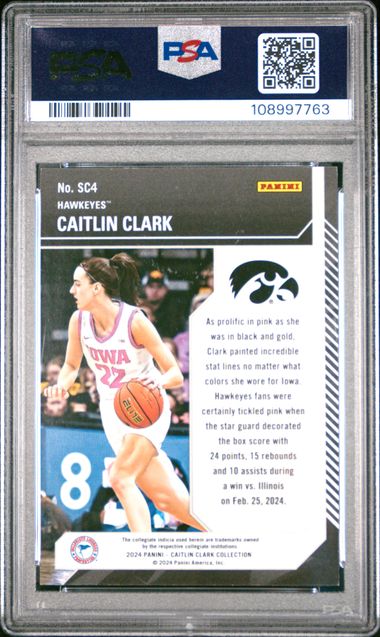 Graded 2024 Panini Caitlin Clark Collection Caitlin Clark #SC4 School Colors #/299 Rookie RC Basketball Card PSA 9 Mint
