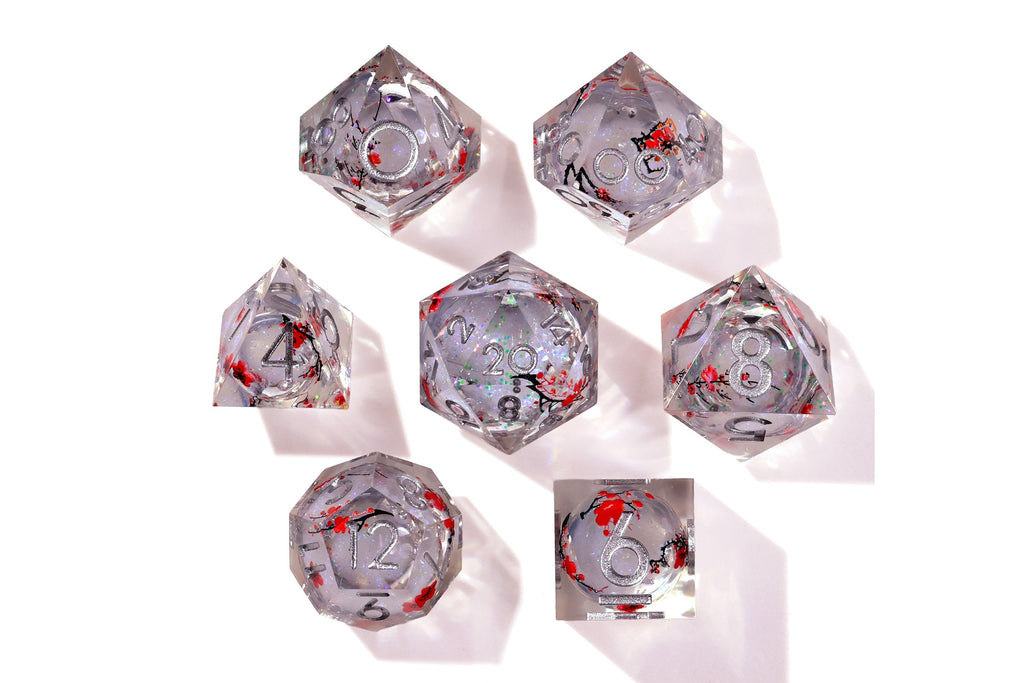 Winter Cherry Blossom Liquid Core RPG Dice Set | 7 Pieces