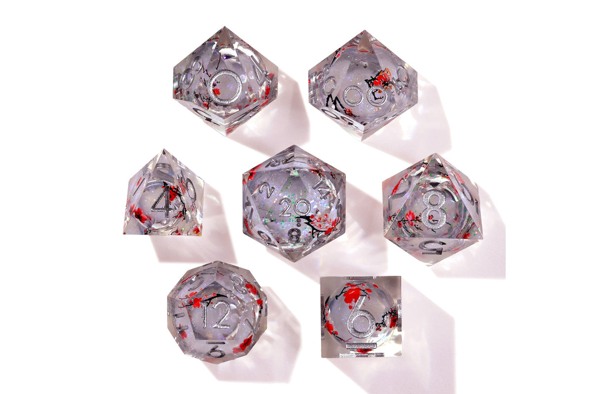Winter Cherry Blossom Liquid Core RPG Dice Set | 7 Pieces