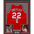 Framed Autographed/Signed Clyde Drexler 35x39 Portland Red Basketball Jersey JSA COA