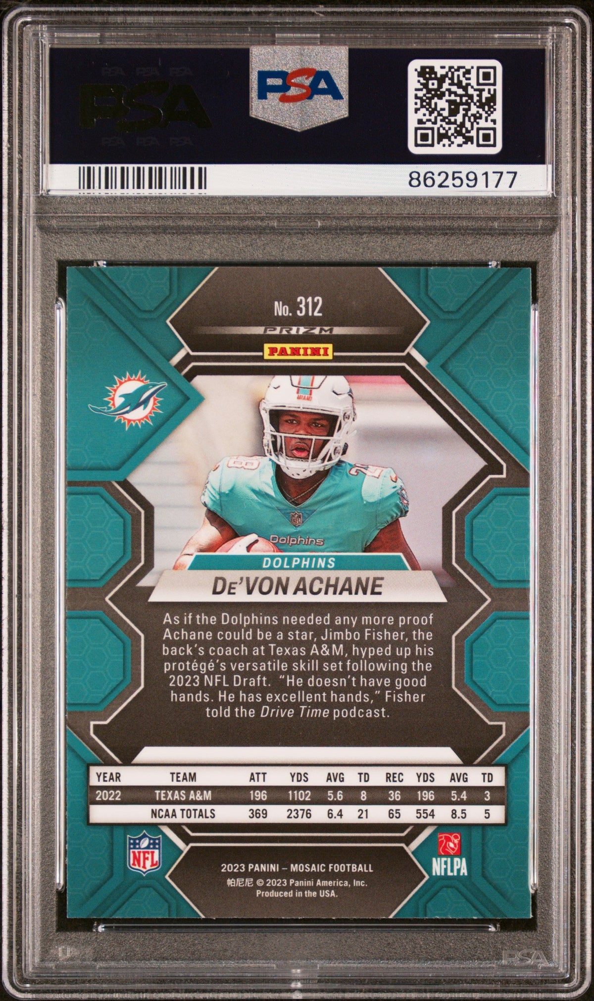 Graded 2023 Panini Mosaic Devon Achane #312 Green Rookie RC Football Card PSA 10 Gem Mint