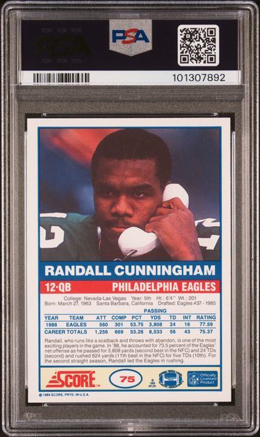 Graded 1989 Score Randall Cunningham #75 Football Card PSA 10 Gem Mint