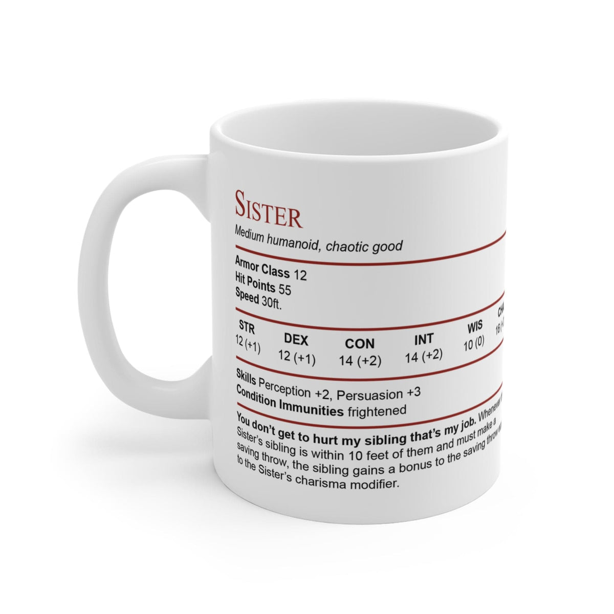 D&D Sister Stat Block Mug Gift