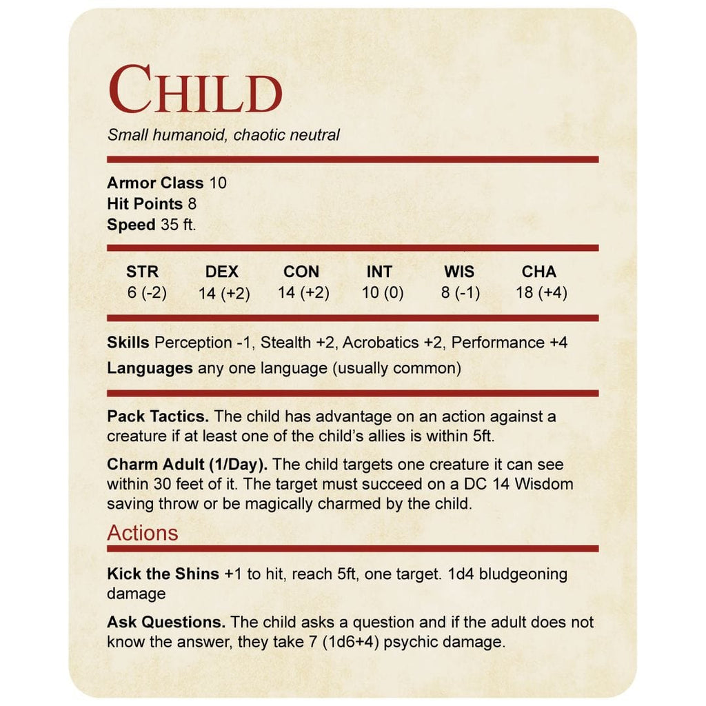 D&D Kids Shirt Child Stat Block
