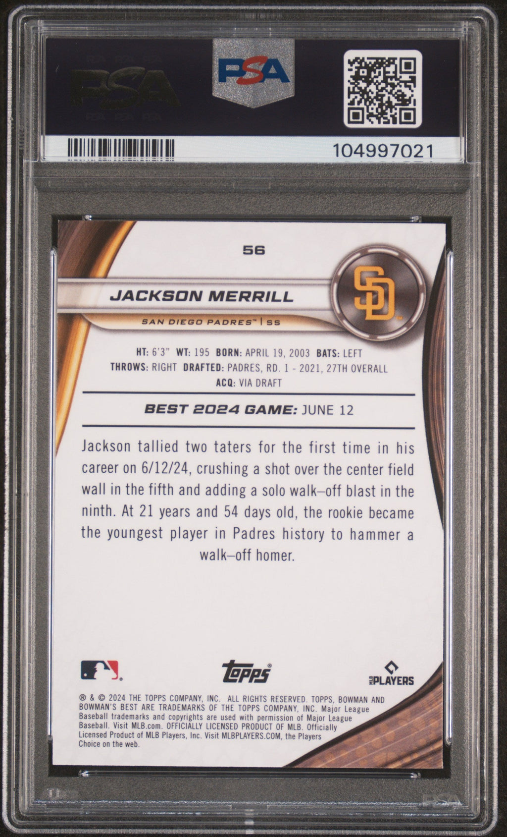 Graded 2024 Topps Bowmans Best Jackson Merrill #56 Rookie RC Baseball Card PSA 10 Gem Mint
