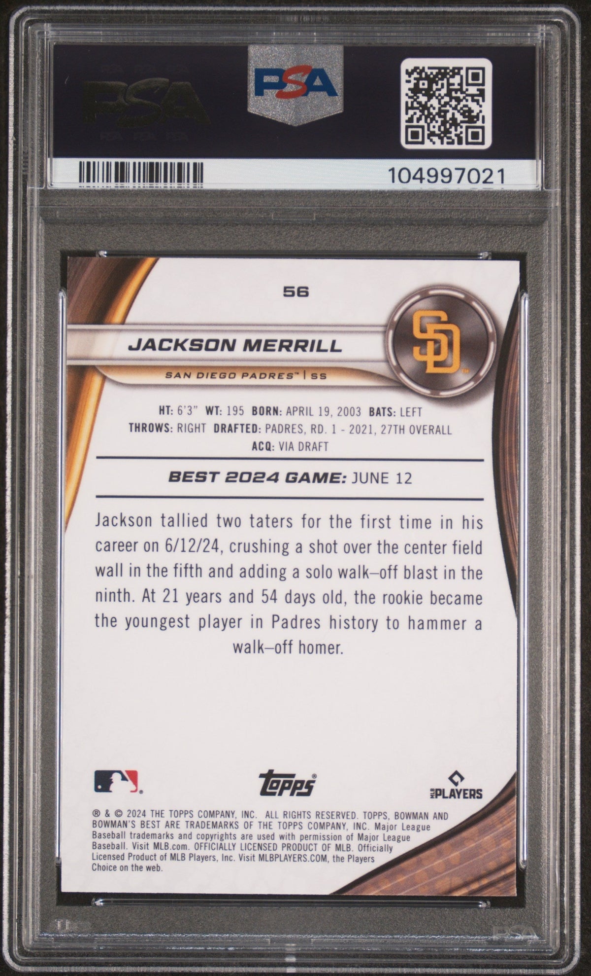 Graded 2024 Topps Bowmans Best Jackson Merrill #56 Rookie RC Baseball Card PSA 10 Gem Mint