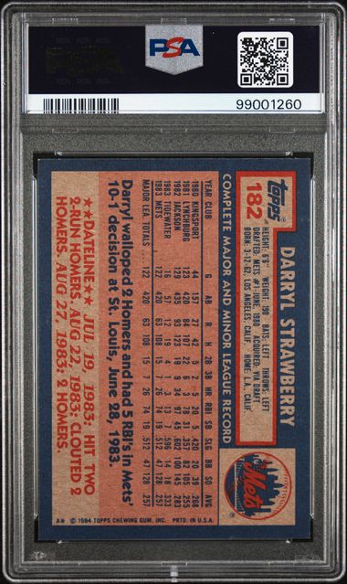 Graded 1984 Topps Darryl Strawberry #182 Rookie RC Baseball Card PSA 8 NM-MT