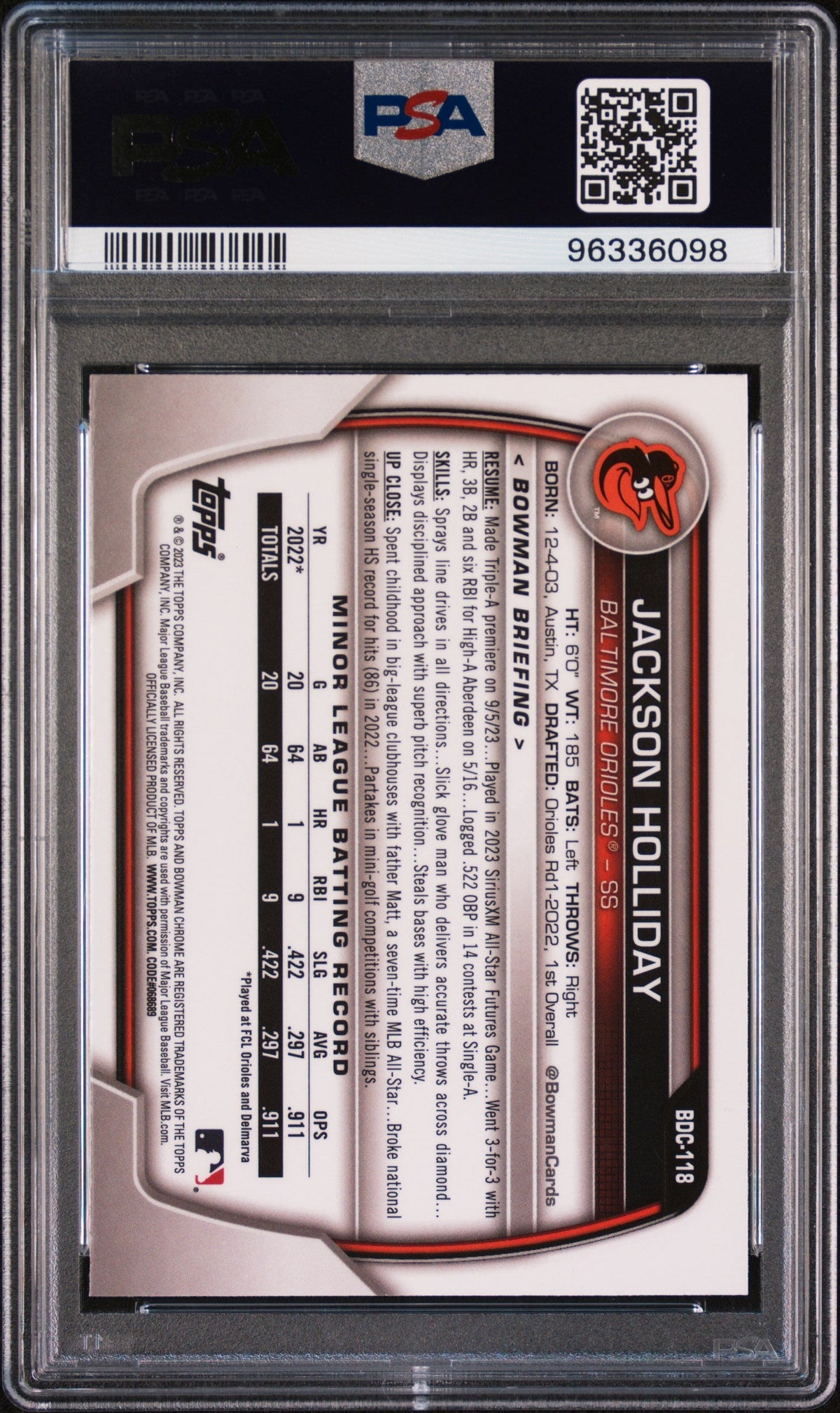 Graded 2023 Topps Bowman Draft Jackson Holliday #BDC118 Chrome Sky Blue Rookie RC Baseball Card PSA 10 Gem Mint