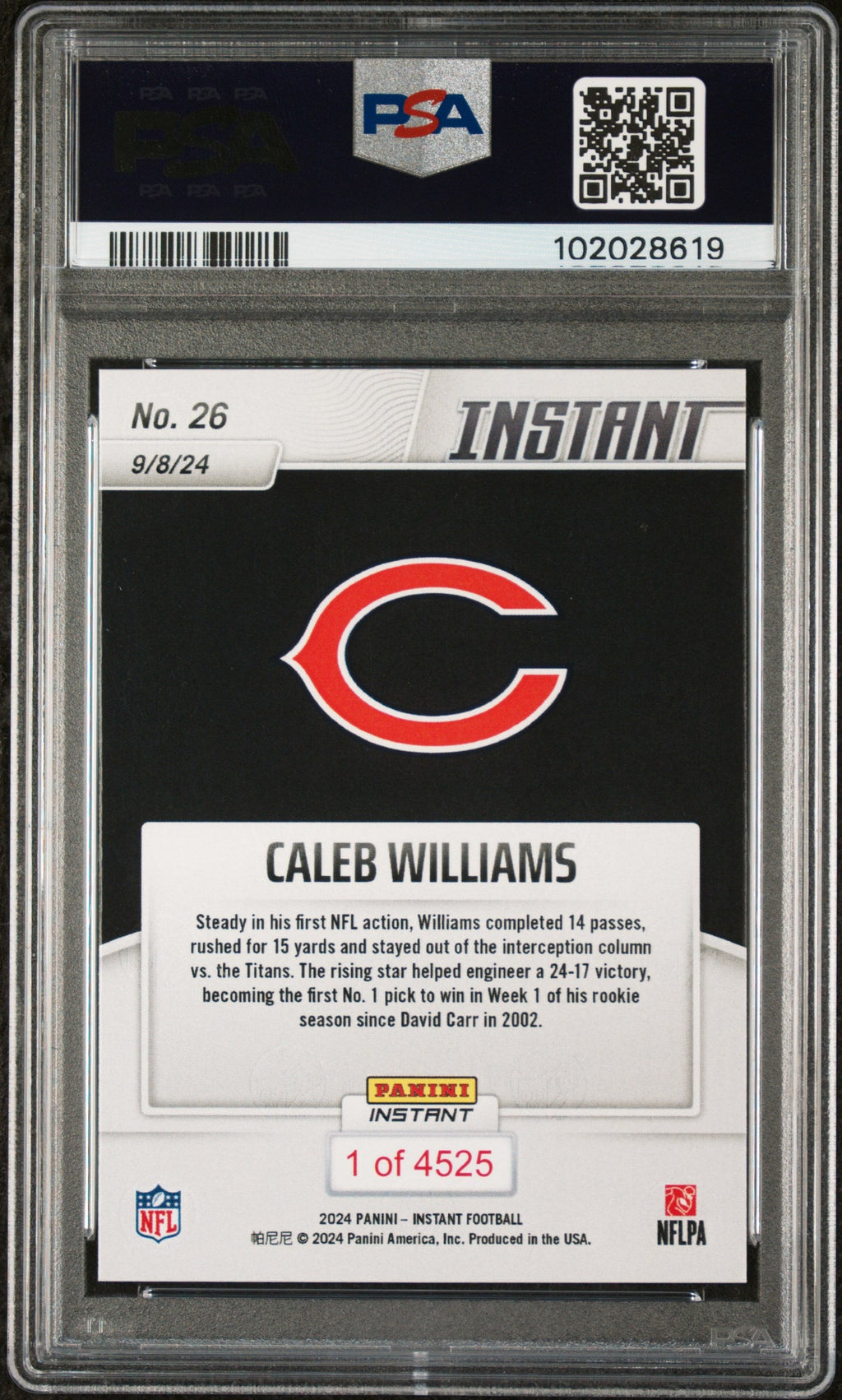 Graded 2024 Panini Instant NFL Caleb Williams #26 Rookie RC Football Card PSA 9 Mint