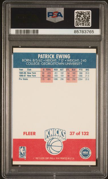 Graded 1987 Fleer Patrick Ewing #37 2nd Year Basketball Card PSA 9 Mint