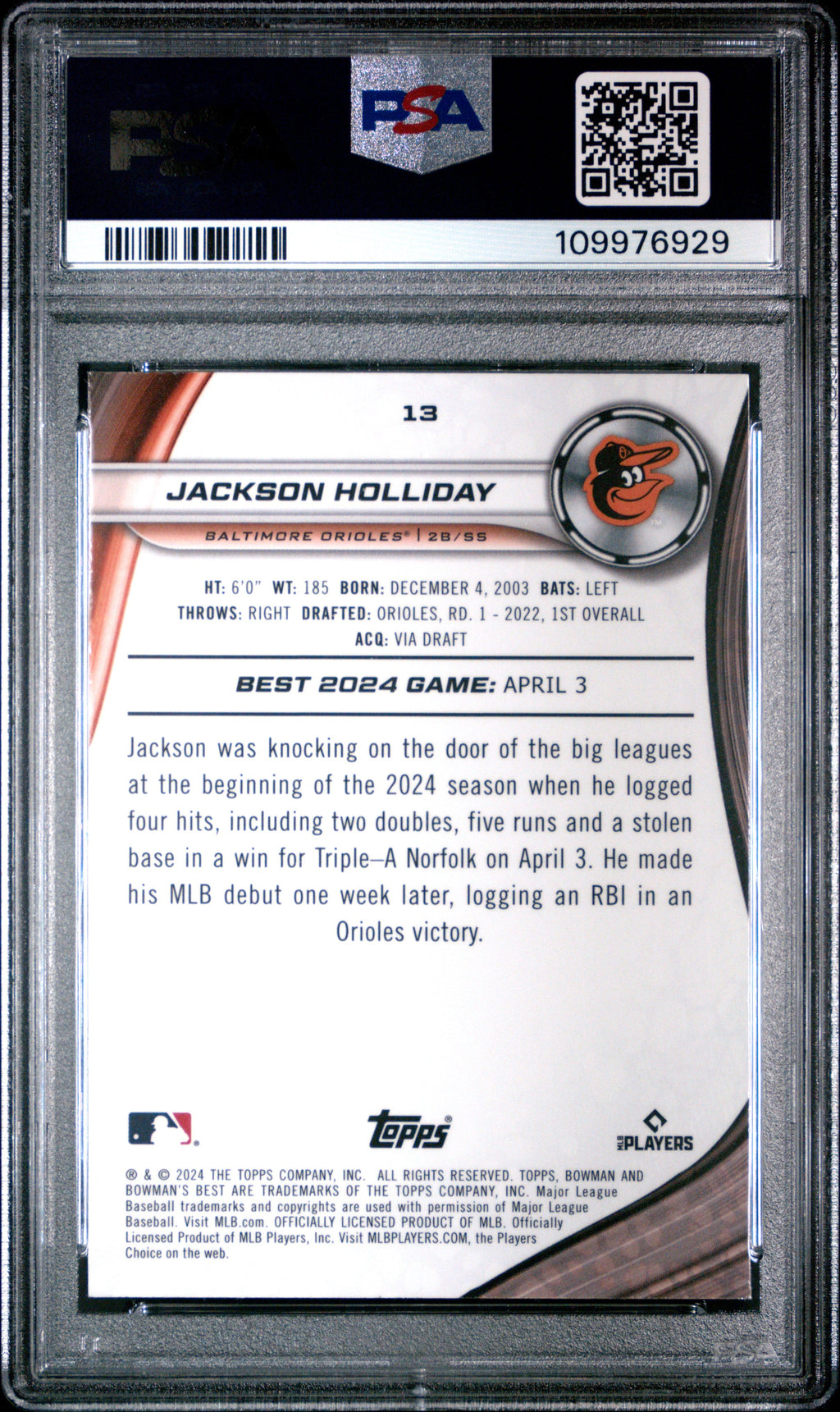 Graded 2024 Topps Bowmans Best Jackson Holliday #13 Rookie RC Baseball Card PSA 9 Mint