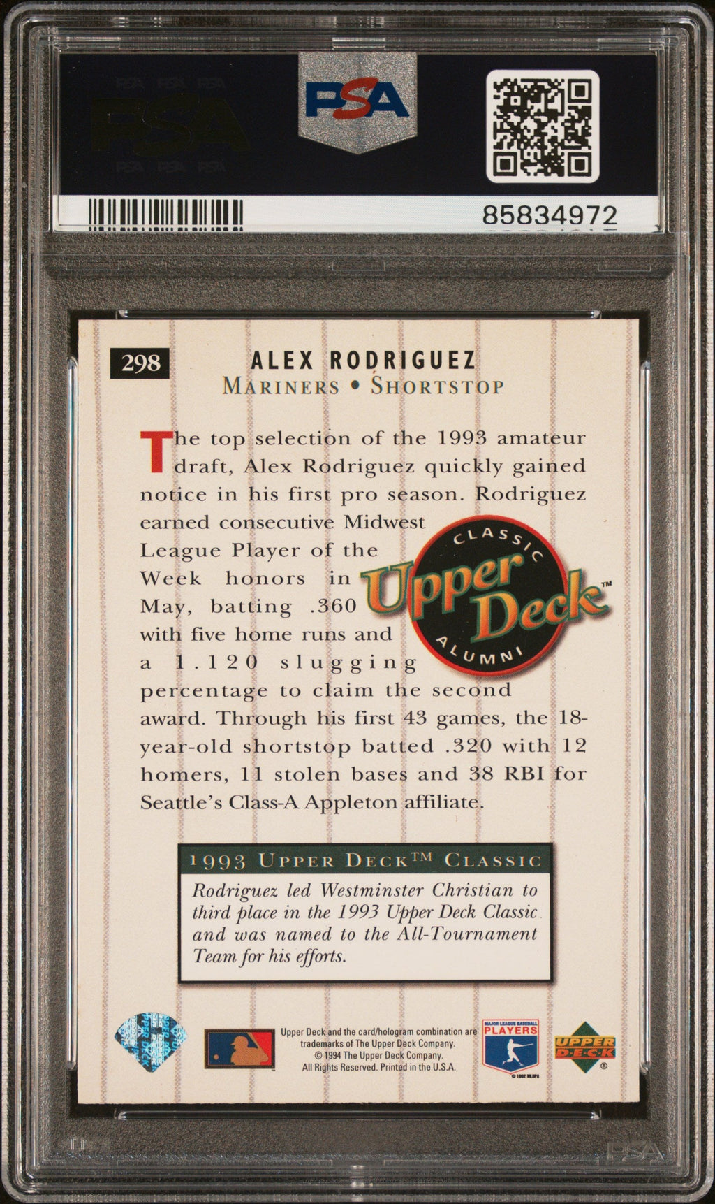 Graded 1994 Upper Deck Alex Rodriguez #298 Rookie RC Baseball Card PSA 10 Gem Mint