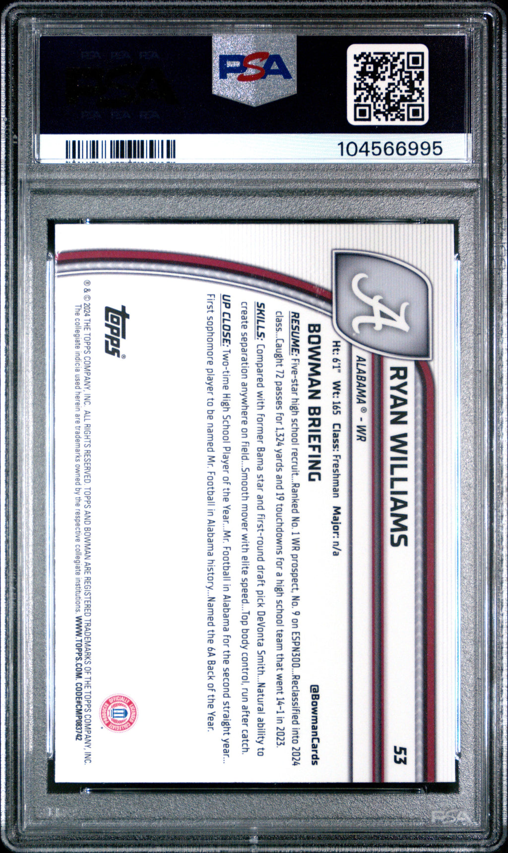 Graded 2024 Topps Bowman U Chrome University Ryan Williams #53 Rookie RC Football Card PSA 9 Mint