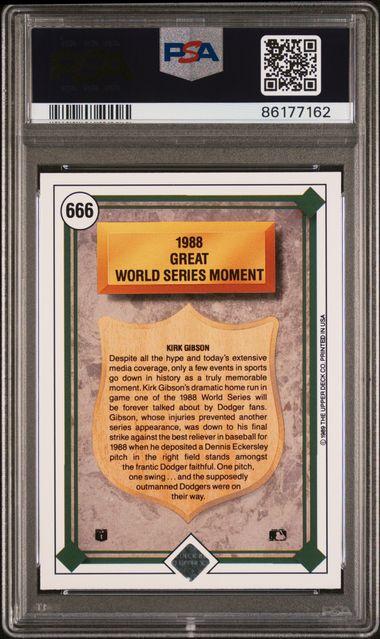 Graded 1989 Upper Deck Kirk Gibson World Series Home Run #666 Baseball Card PSA 10 Gem Mint