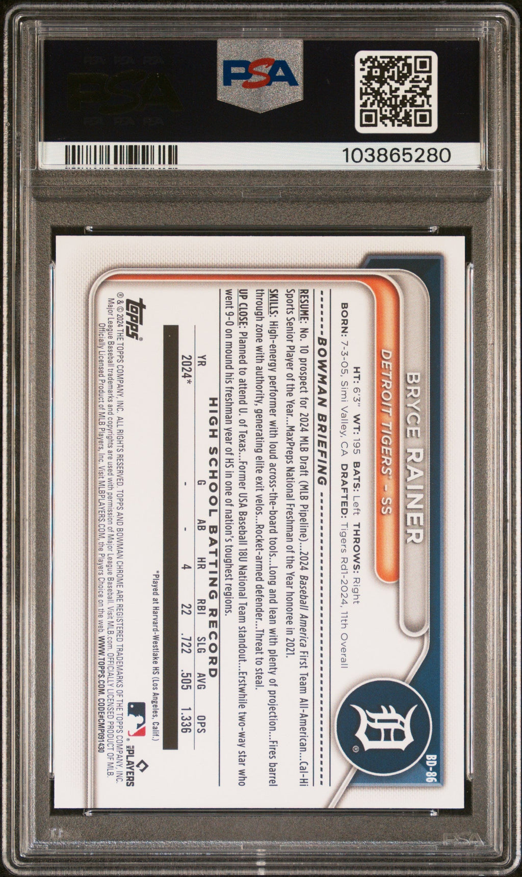Graded 2024 Topps Bowman Draft Bryce Rainer #BD86 Rookie RC Baseball Card PSA 10 Gem Mint