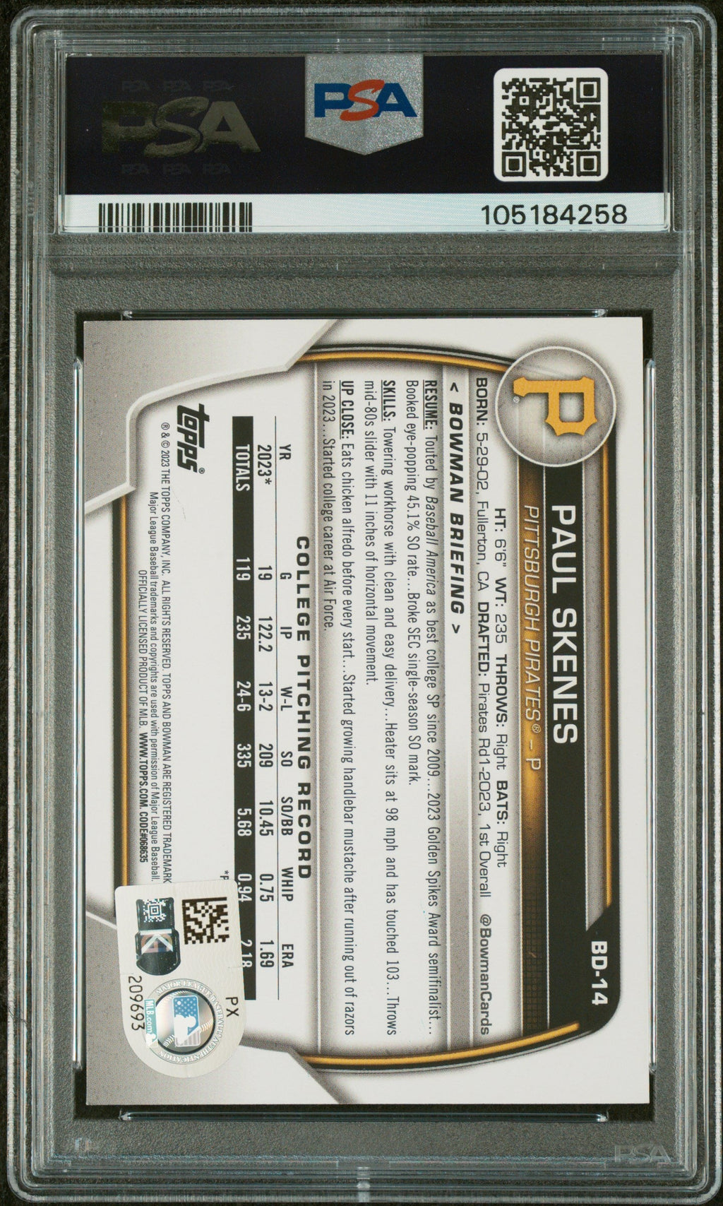 Graded 2023 Topps Bowman Draft Paul Skenes #BD14 Rookie RC Baseball Card PSA 10 Auto Grade Gem Mint