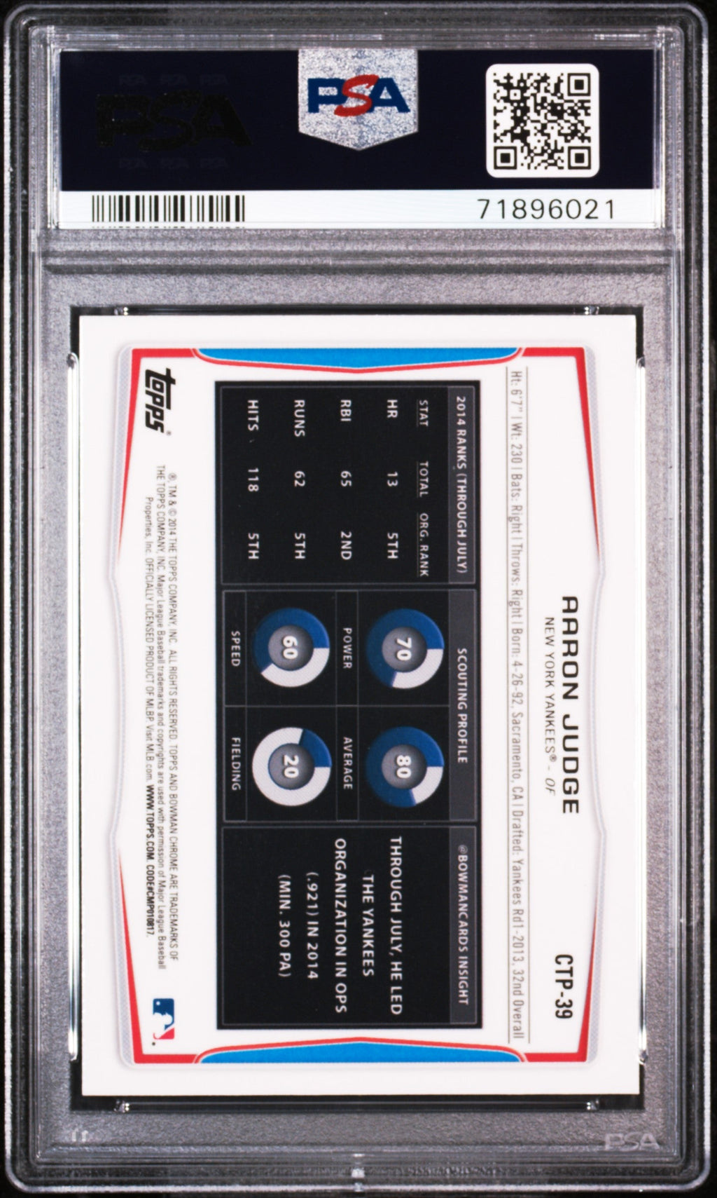 Graded 2014 Topps Bowman Draft Picks Aaron Judge #CTP39 Top Pros Chrome Rookie RC Baseball Card PSA 10 Gem Mint