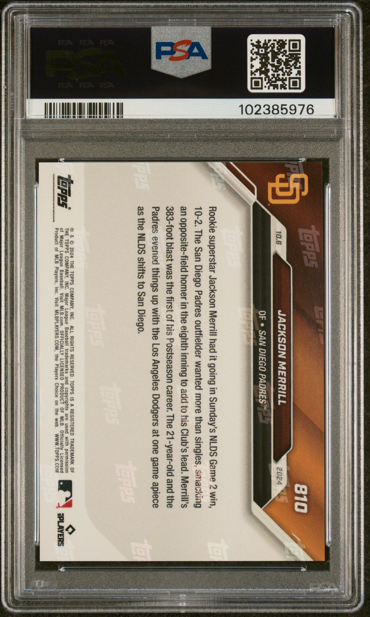 Graded 2024 Topps Now Jackson Merrill #810 Rookie RC Baseball Card PSA 10 Gem Mint