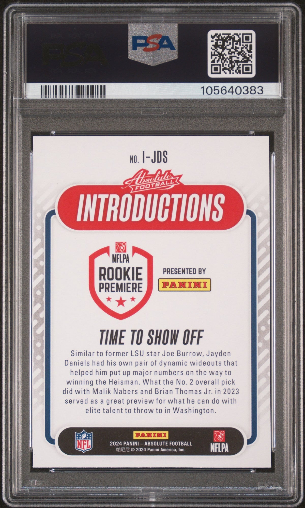 Graded 2024 Panini Absolute Jayden Daniels #IJDS Introductions Rookie RC Football Card PSA 10 Gem Mint
