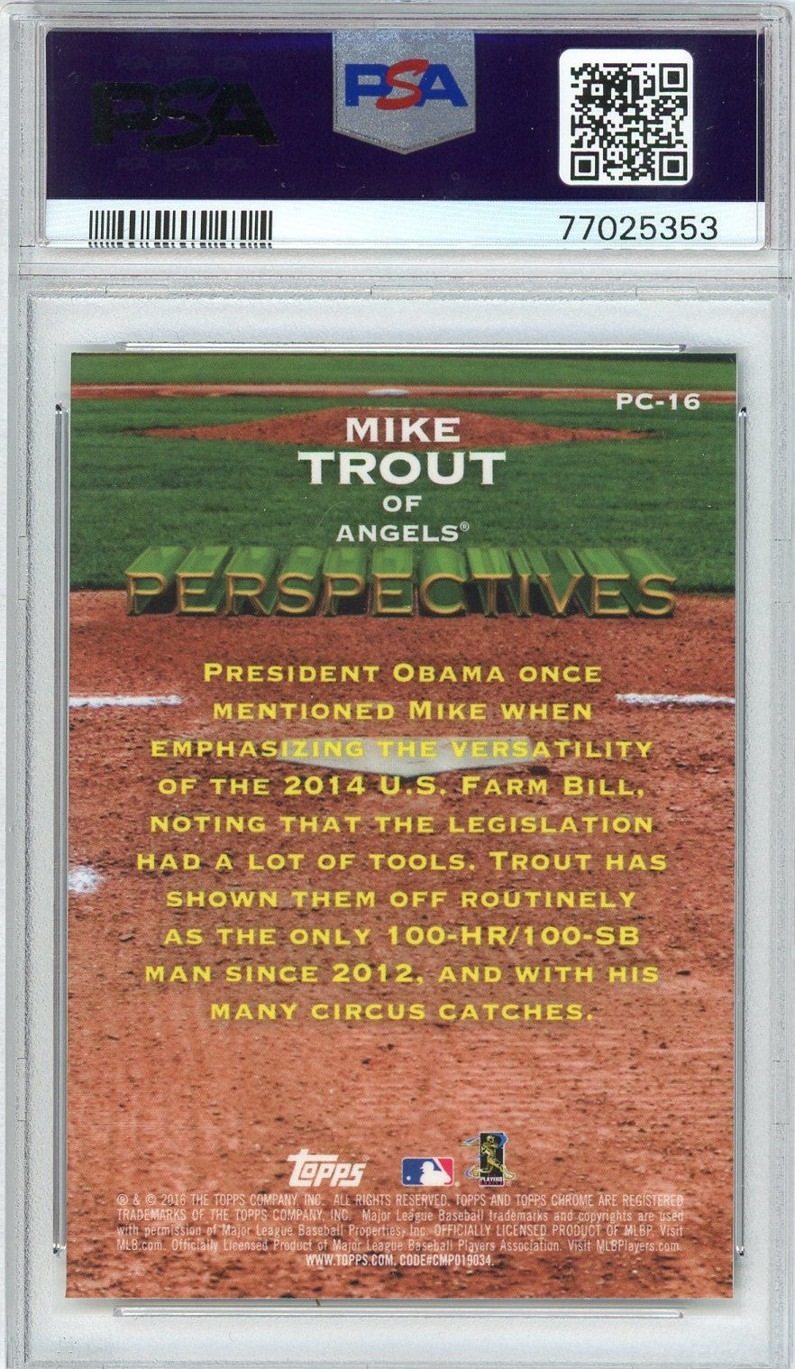 Graded 2016 Topps Chrome Mike Trout #PC-16 Perspectives Baseball Card PSA 10 Gem Mint
