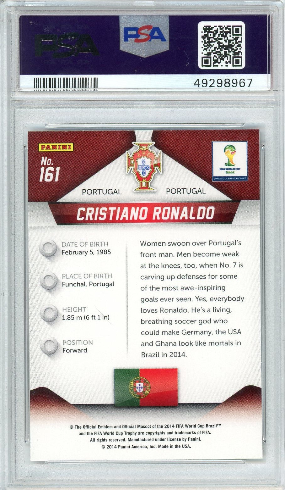Graded 2014 Panini Prizm Cristiano Ronaldo #161 World Cup Soccer Card PSA 10 Gem Mint
