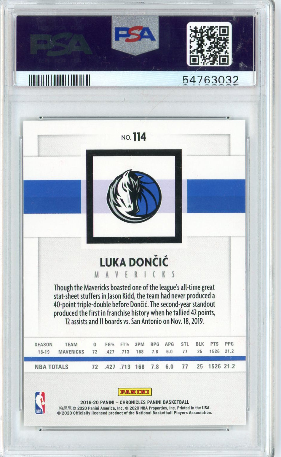 Graded 2019 Panini Chronicles Luka Doncic #114 Basketball Card PSA 10 Gem Mint