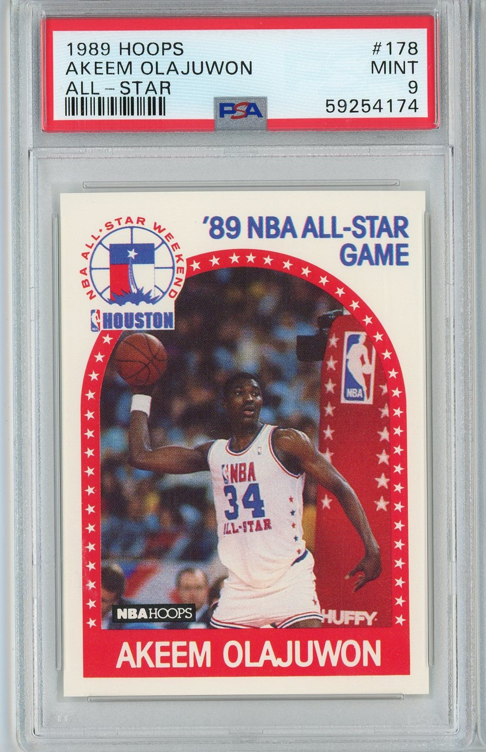 Graded 1989 Hoops All Star Hakeem Akeem Olajuwon #178 Basketball Card PSA 9 Mint