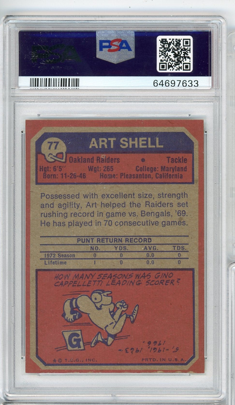 Graded 1973 Topps Art Shell #77 Rookie RC Football Card PSA 6 EX-MT