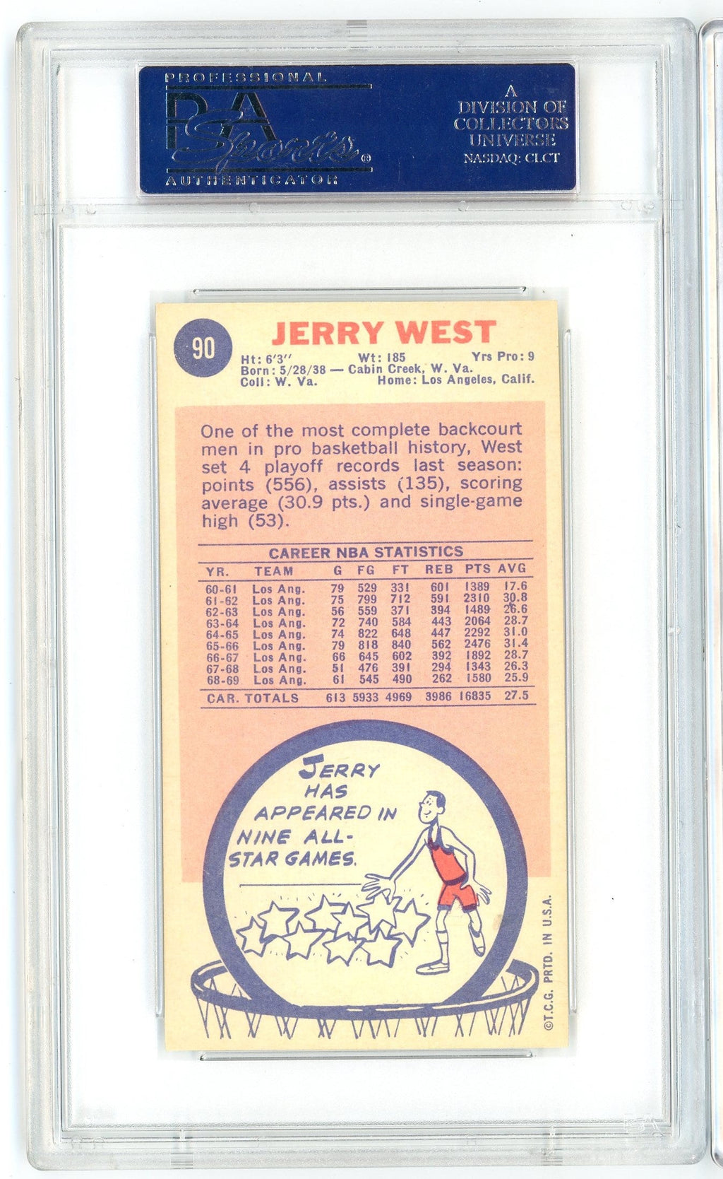 Graded 1969 Topps Jerry West #90 Basketball Card PSA 5 Excellent