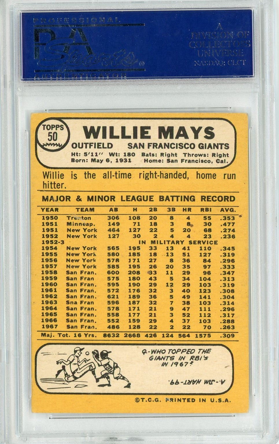 Graded 1968 Topps Willie Mays #50 Baseball Card PSA 5 Excellent
