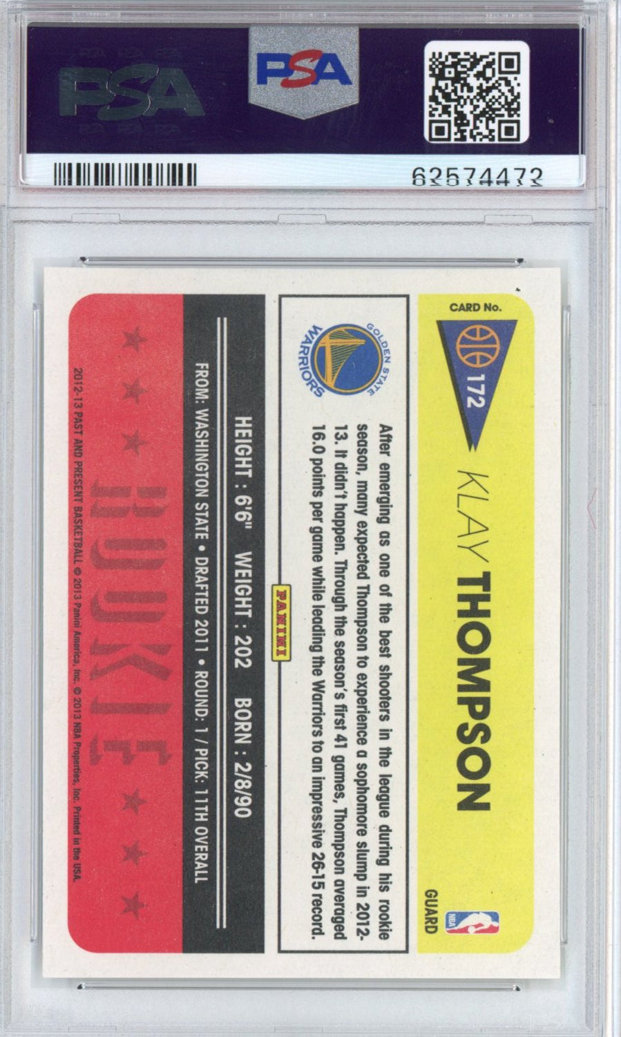 Graded 2012-13 Panini Past & Present Klay Thompson #172 Rookie RC Basketball Card PSA 10 Gem Mint