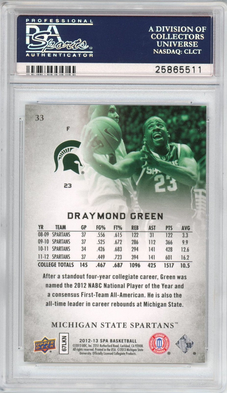 Graded 2012-13 Upper Deck UD SP Authentic Draymond Green #33 Rookie RC Basketball Card PSA 10 Gem Mint