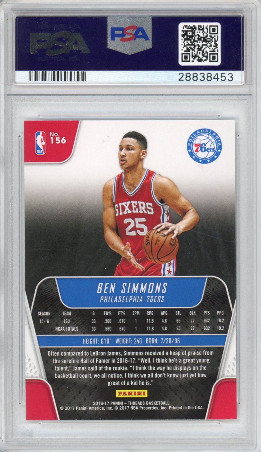 Graded 2016-17 Panini Threads Ben Simmons #156 Rookie RC Basketball Card PSA 10 Gem Mint