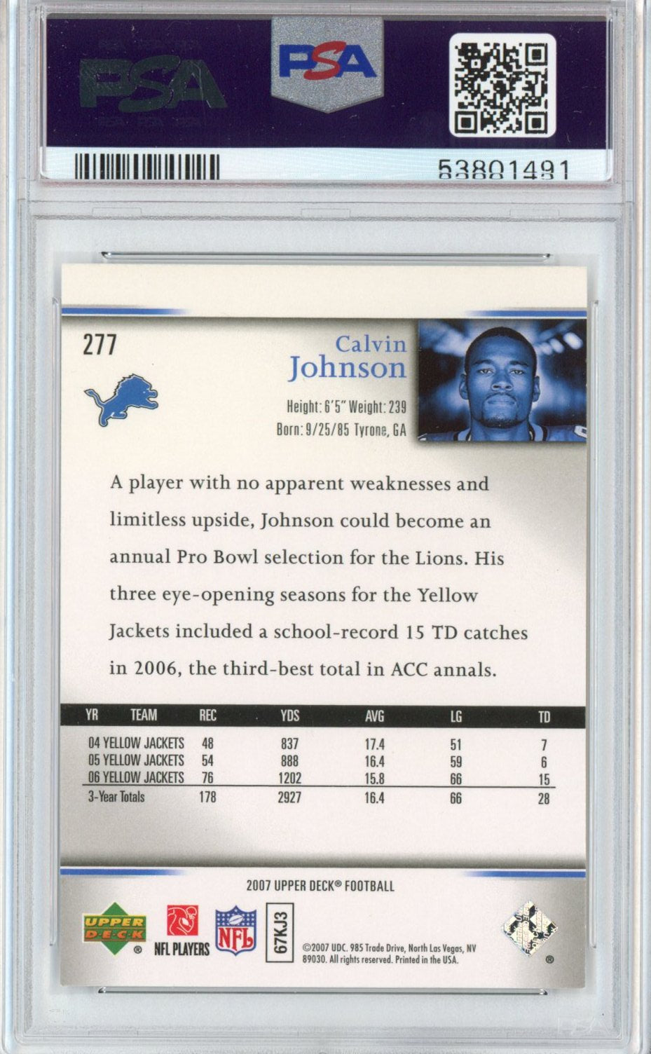Graded 2007 Upper Deck UD Calvin Johnson #277 Rookie Exclusives RC Football Card PSA 10 Gem Mint